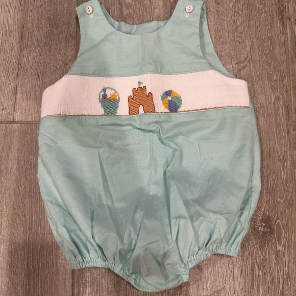 None Other - Aqua Baby Romper with Beach Embroidery
